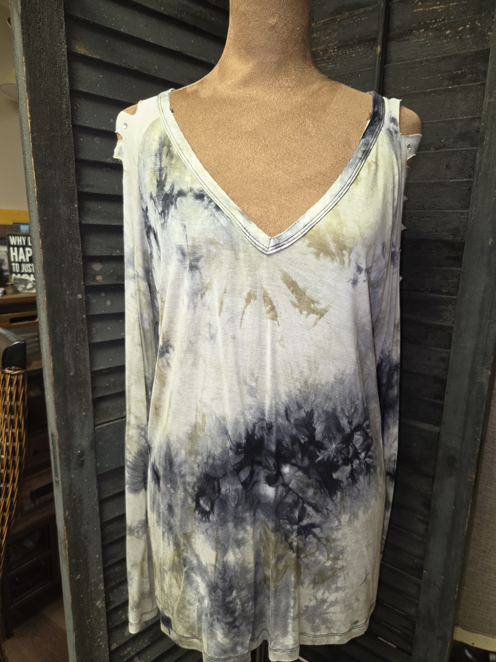 Vocal Tie-Dye Cold-Shoulder V-Neck Top - Gray, Black